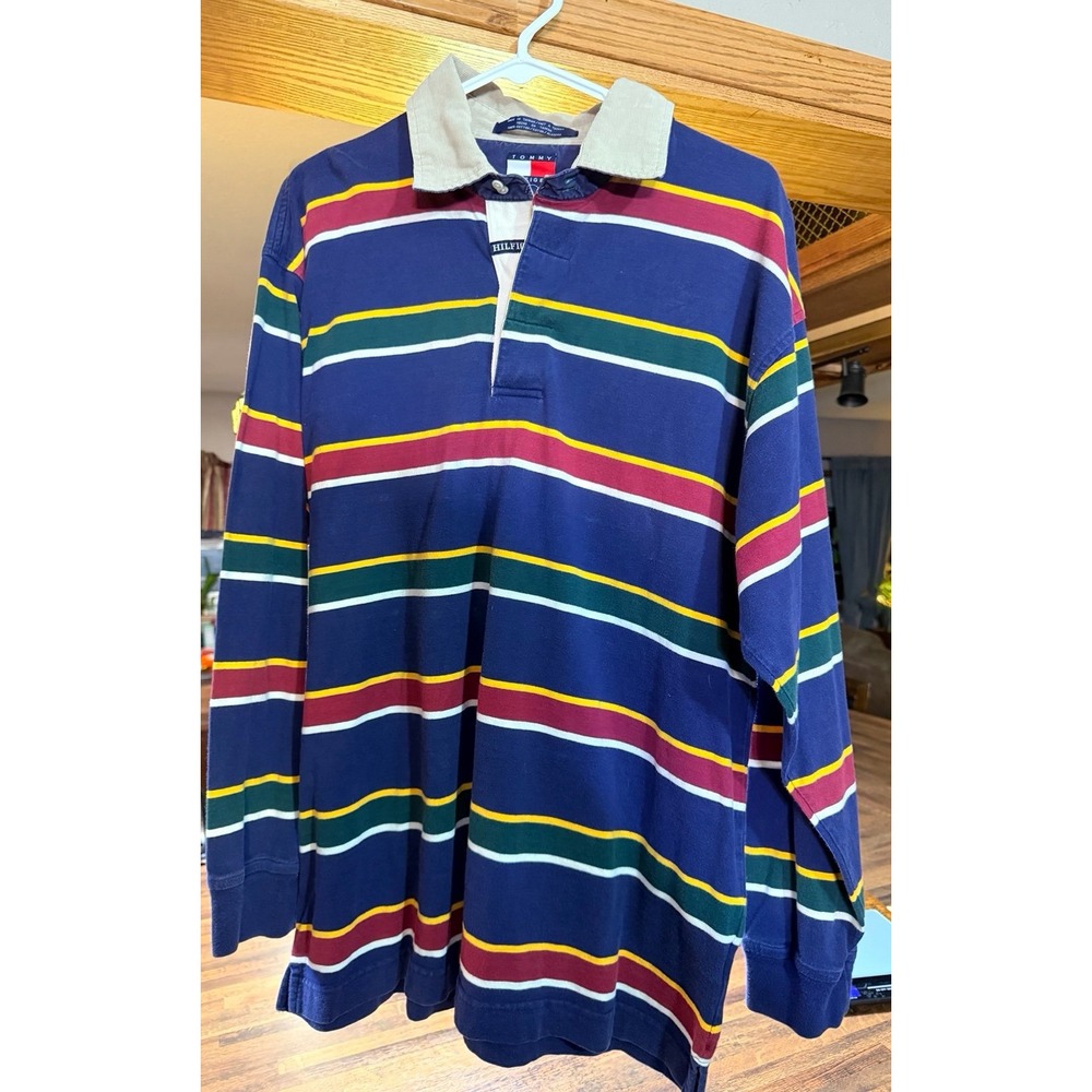 Rare Vintage Tommy Hilfiger men's Rugby shirt with corduroy collar. Size large